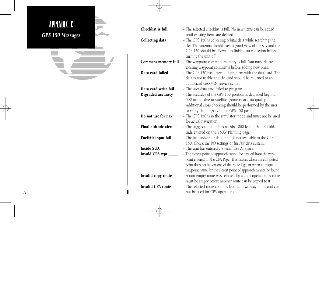 Appendix c, Gps 150 messages | Garmin GPS 150 User Manual | Page 82 / 98
