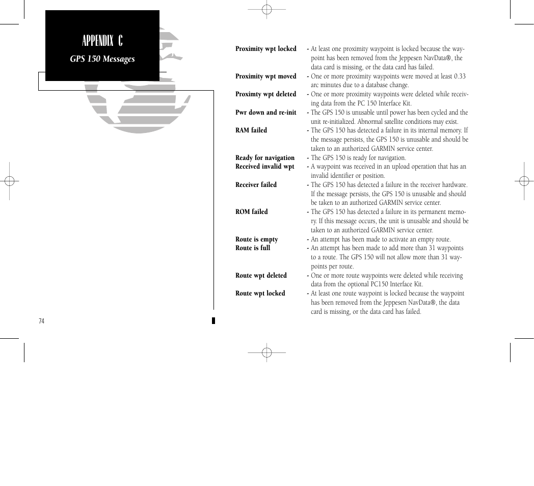 Appendix c, Gps 150 messages | Garmin GPS 150 User Manual | Page 84 / 98