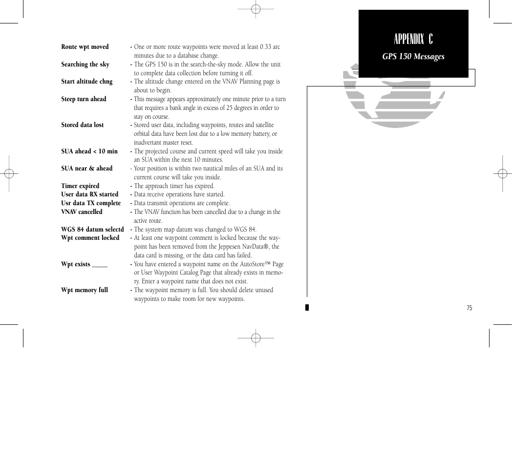 Appendix c, Gps 150 messages | Garmin GPS 150 User Manual | Page 85 / 98