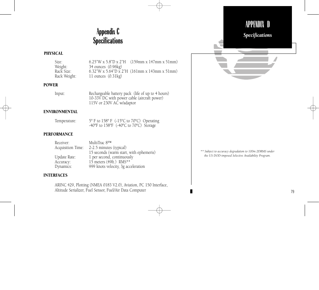 Appendix d, Appendix c specifications | Garmin GPS 150 User Manual | Page 89 / 98