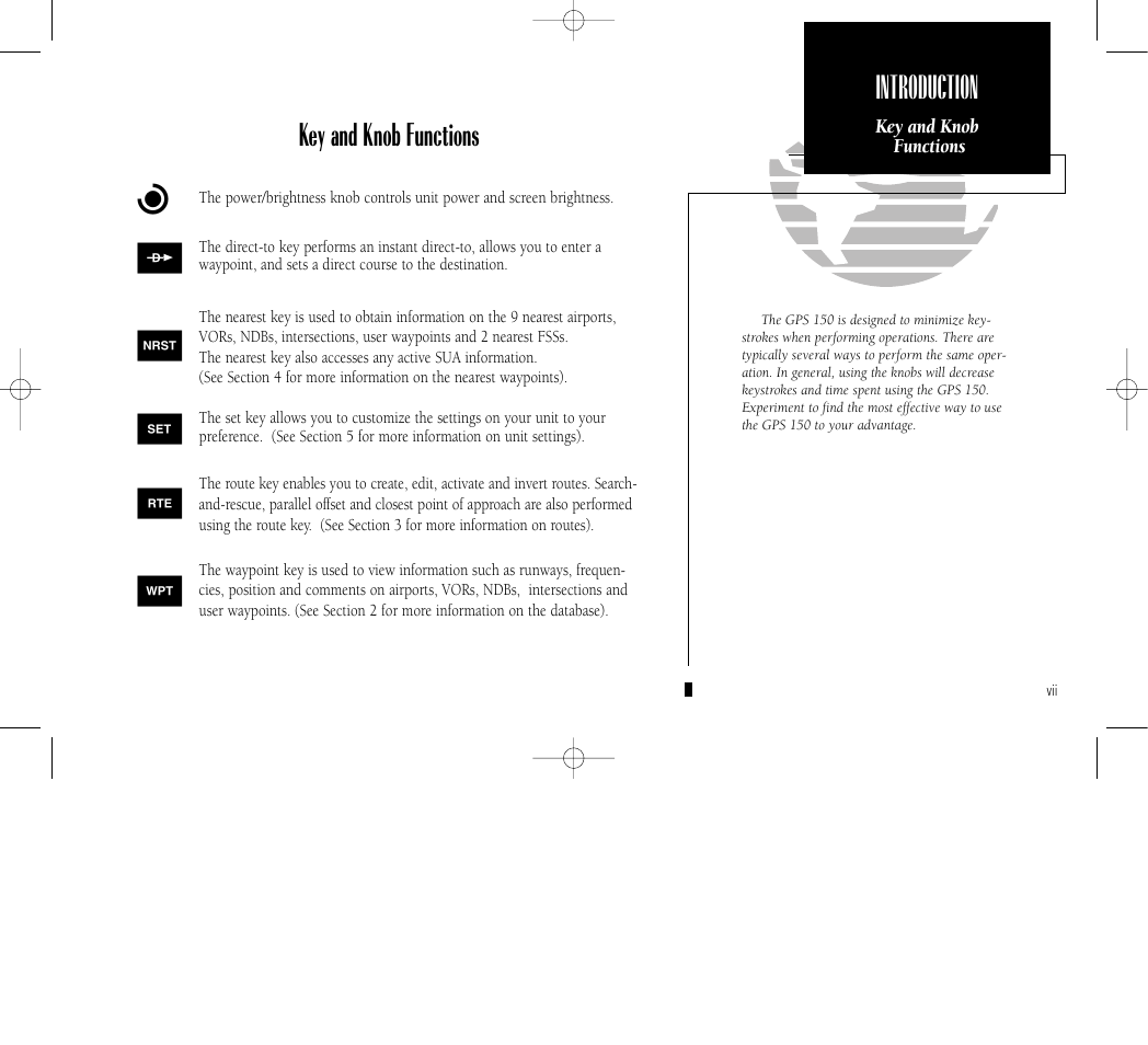 Introduction, Key and knob functions b | Garmin GPS 150 User Manual | Page 9 / 98
