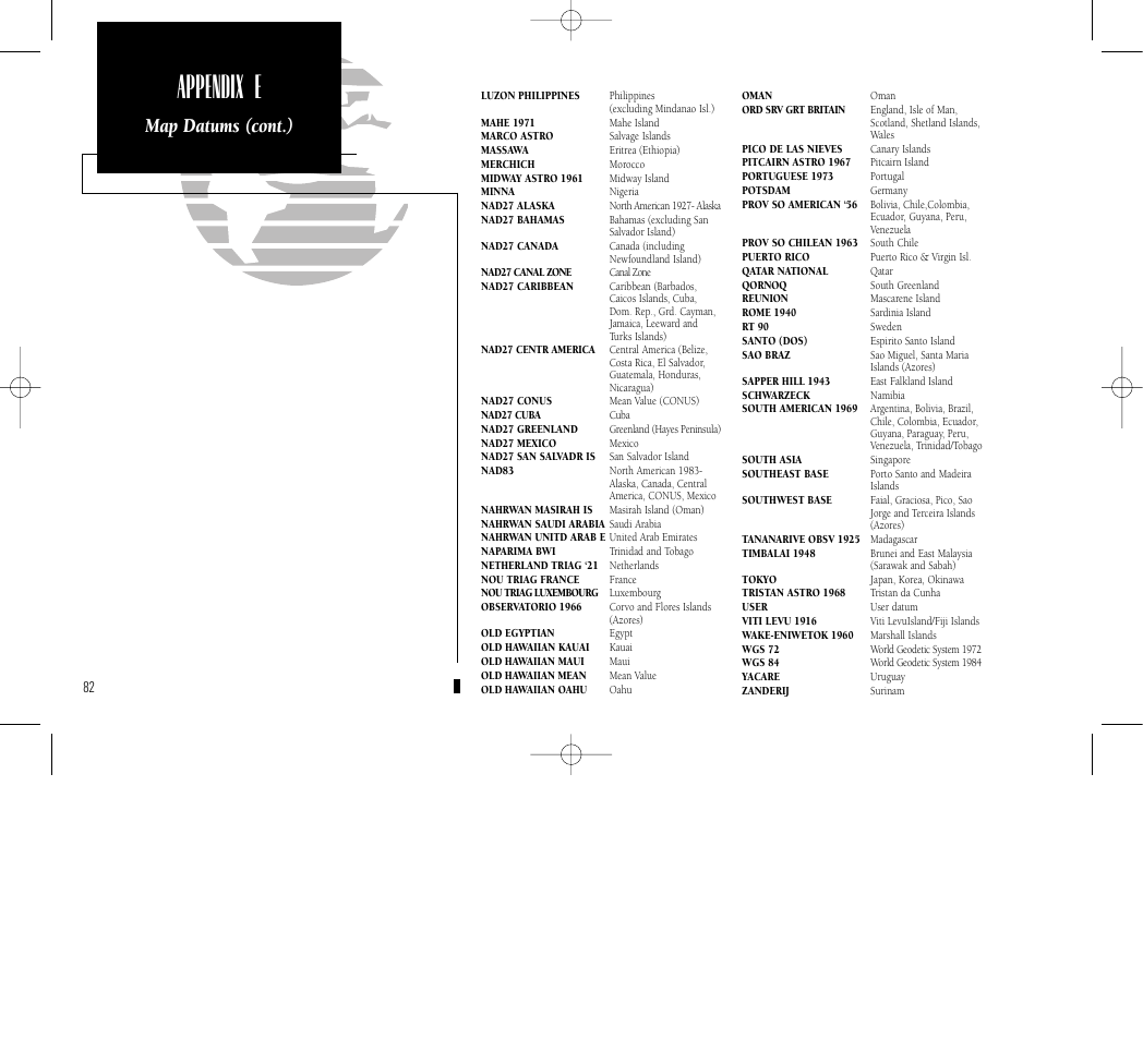 Appendix e, Map datums (cont.) | Garmin GPS 150 User Manual | Page 92 / 98