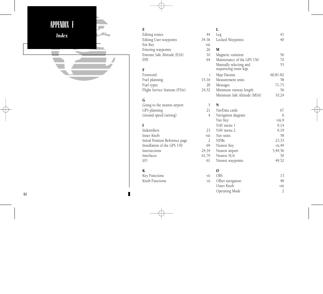 Appendix f, Index | Garmin GPS 150 User Manual | Page 94 / 98