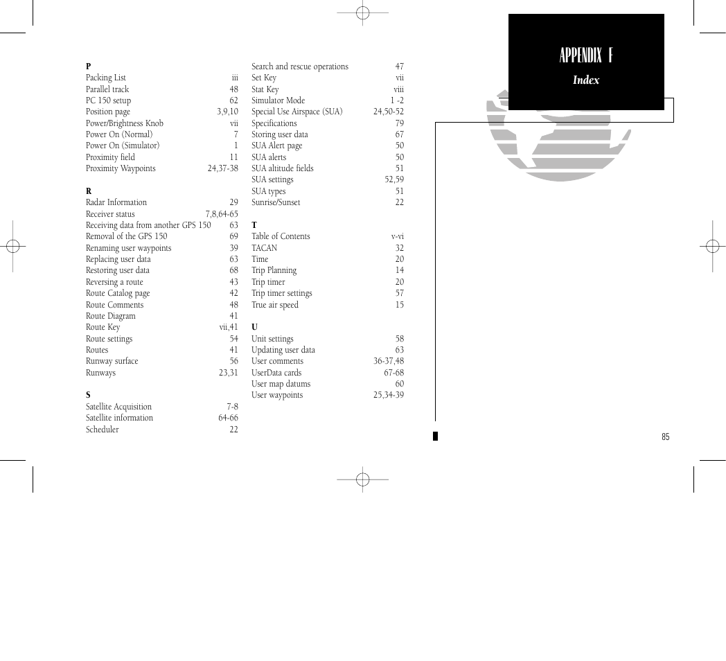 Appendix f, Index | Garmin GPS 150 User Manual | Page 95 / 98