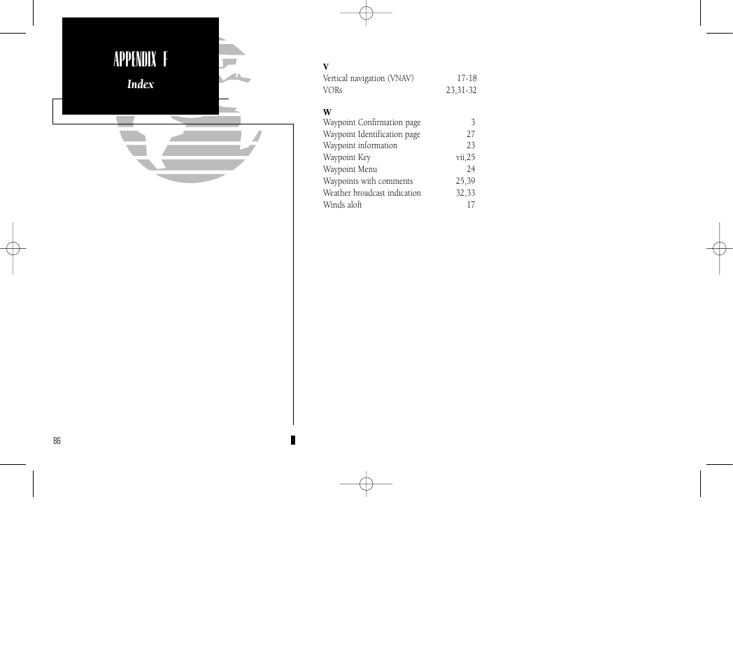 Appendix f, Index | Garmin GPS 150 User Manual | Page 96 / 98