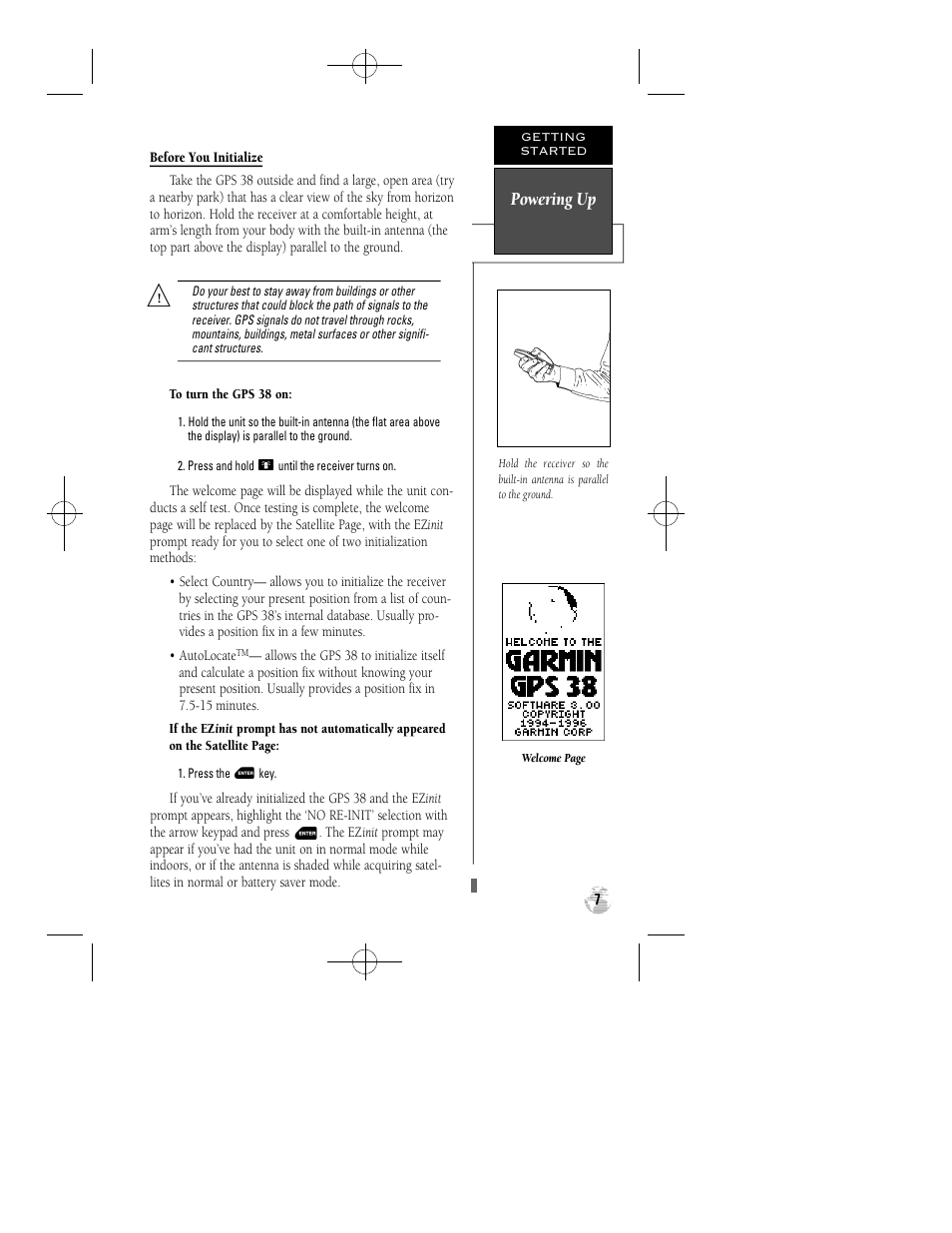 Powering up | Garmin GPS 38 User Manual | Page 11 / 68