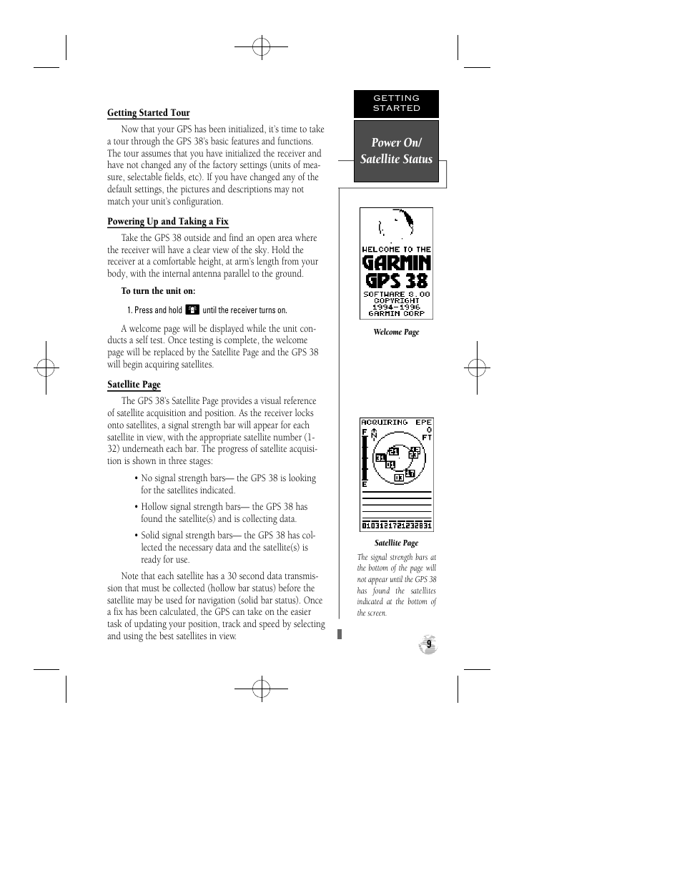 Power on/ satellite status | Garmin GPS 38 User Manual | Page 13 / 68