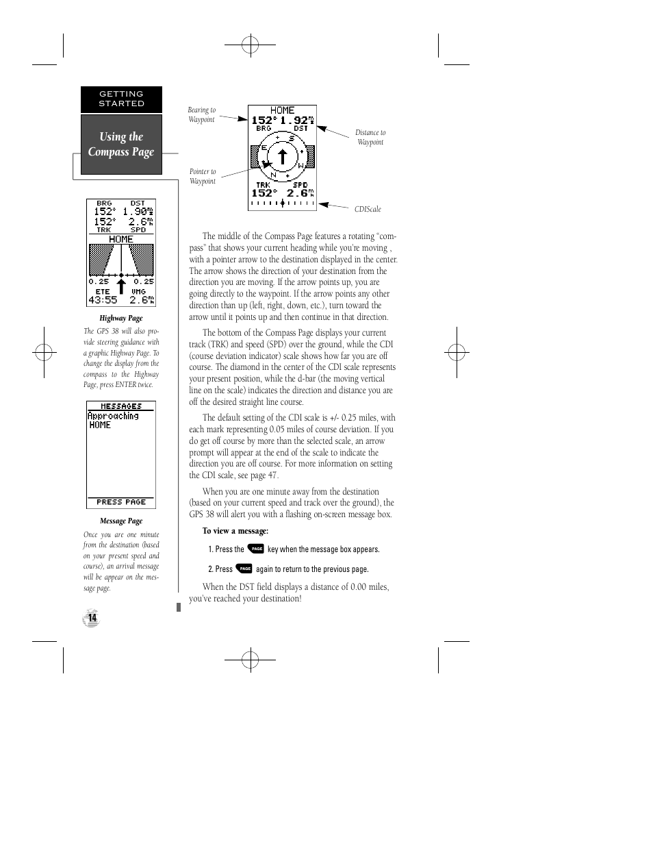 Using the compass page | Garmin GPS 38 User Manual | Page 18 / 68