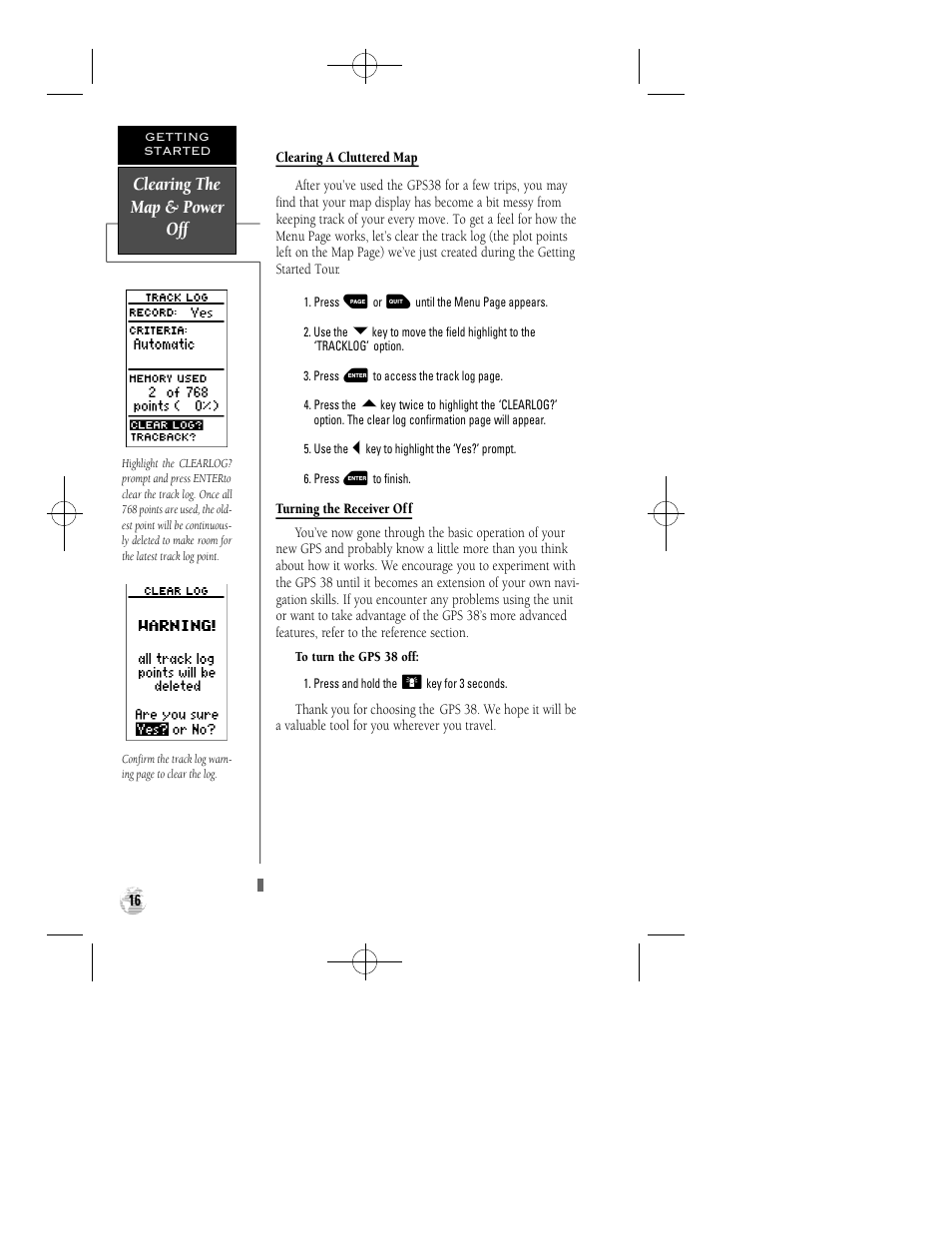 Clearing the map & power off | Garmin GPS 38 User Manual | Page 20 / 68