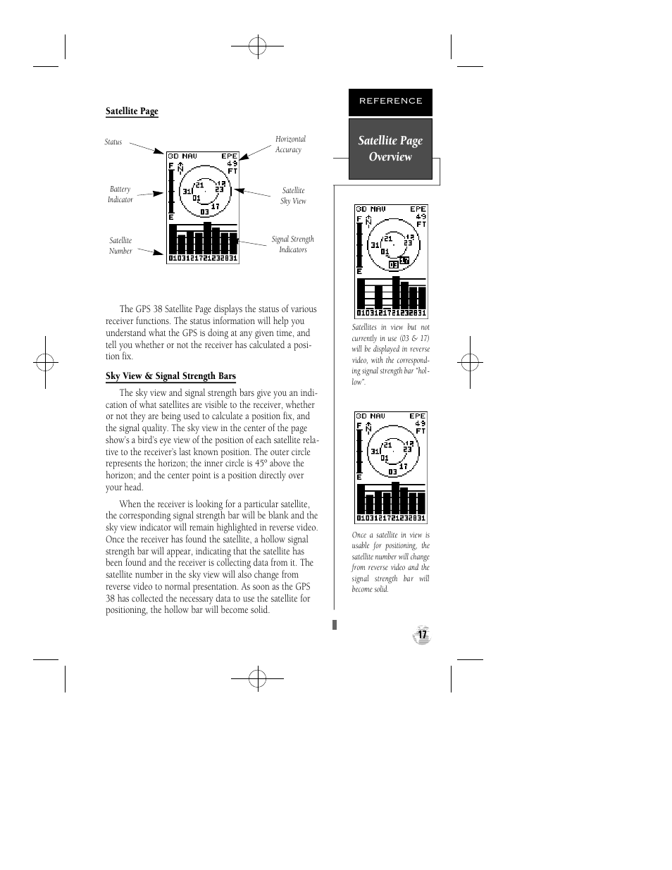 Satellite page overview | Garmin GPS 38 User Manual | Page 21 / 68