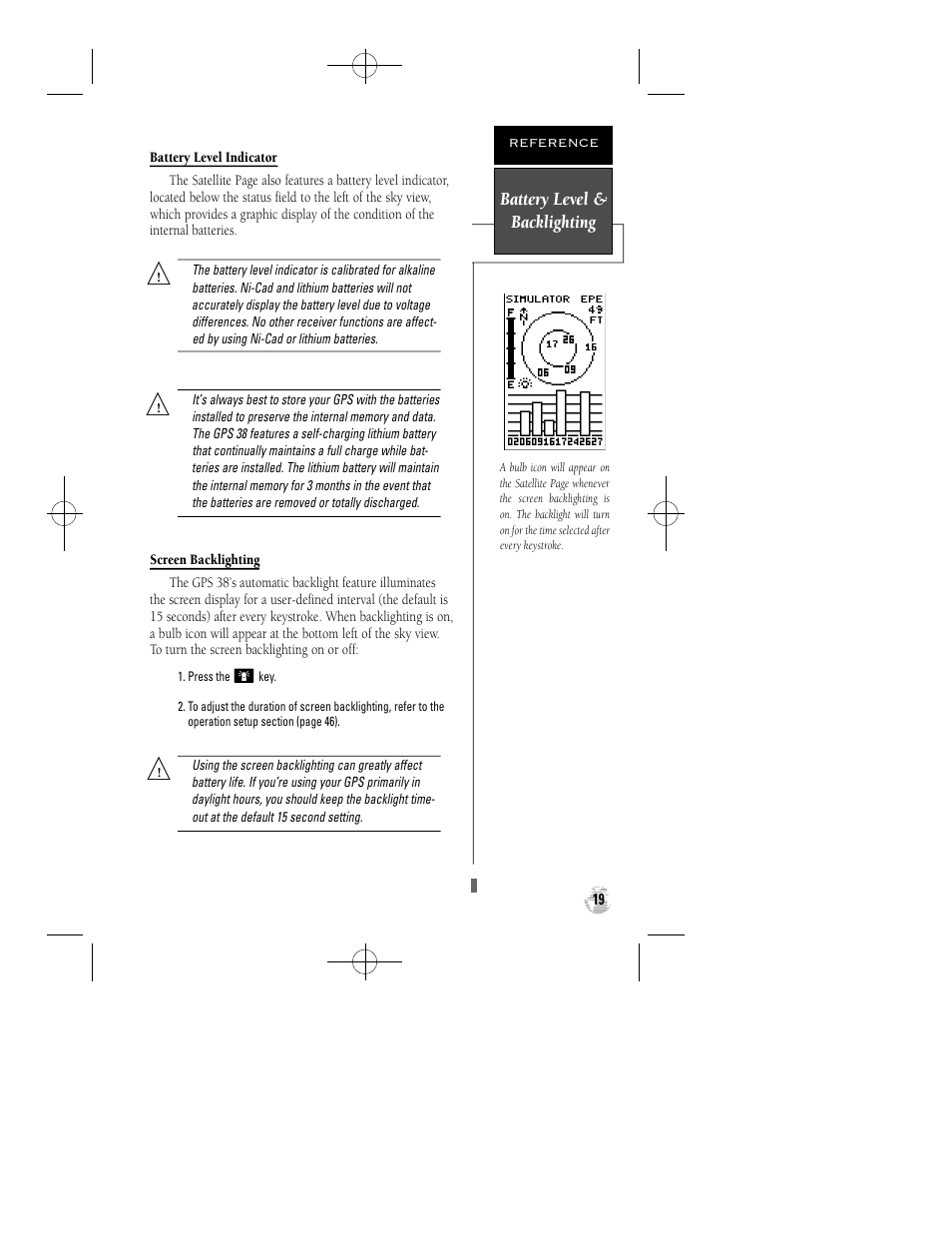 Battery level & backlighting | Garmin GPS 38 User Manual | Page 23 / 68