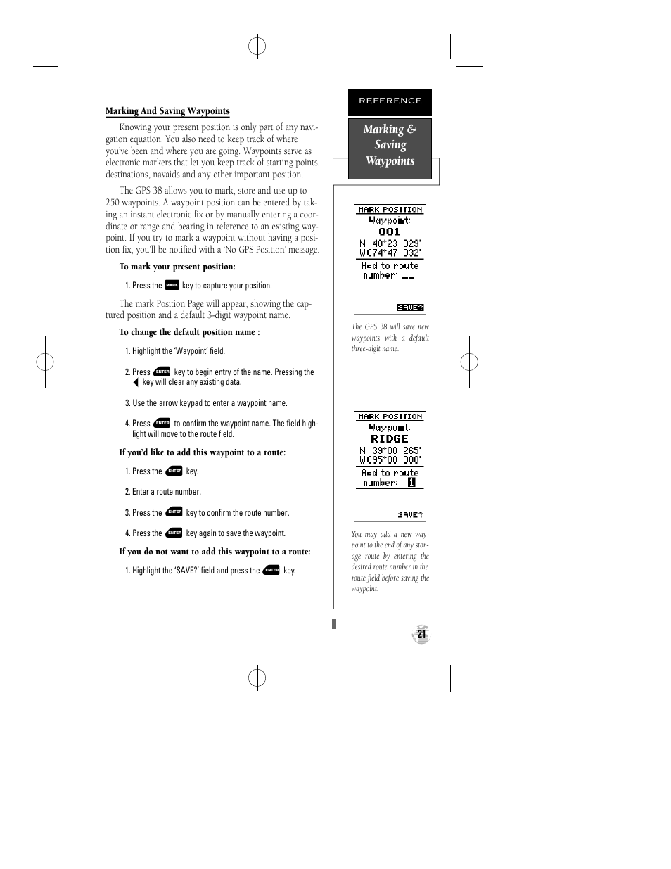 Marking & saving waypoints | Garmin GPS 38 User Manual | Page 25 / 68