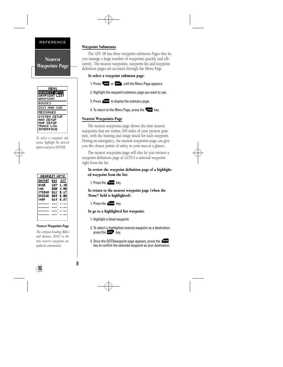 Nearest waypoints page | Garmin GPS 38 User Manual | Page 26 / 68