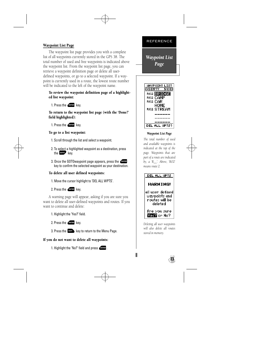 Waypoint list page | Garmin GPS 38 User Manual | Page 27 / 68