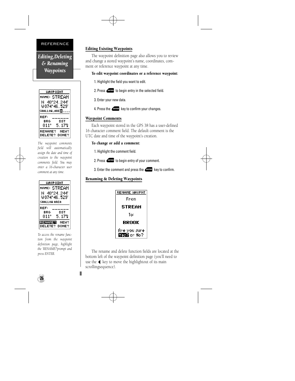 Editing,deleting & renaming waypoints | Garmin GPS 38 User Manual | Page 30 / 68