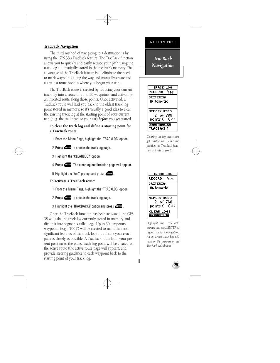 Tracback navigation | Garmin GPS 38 User Manual | Page 33 / 68