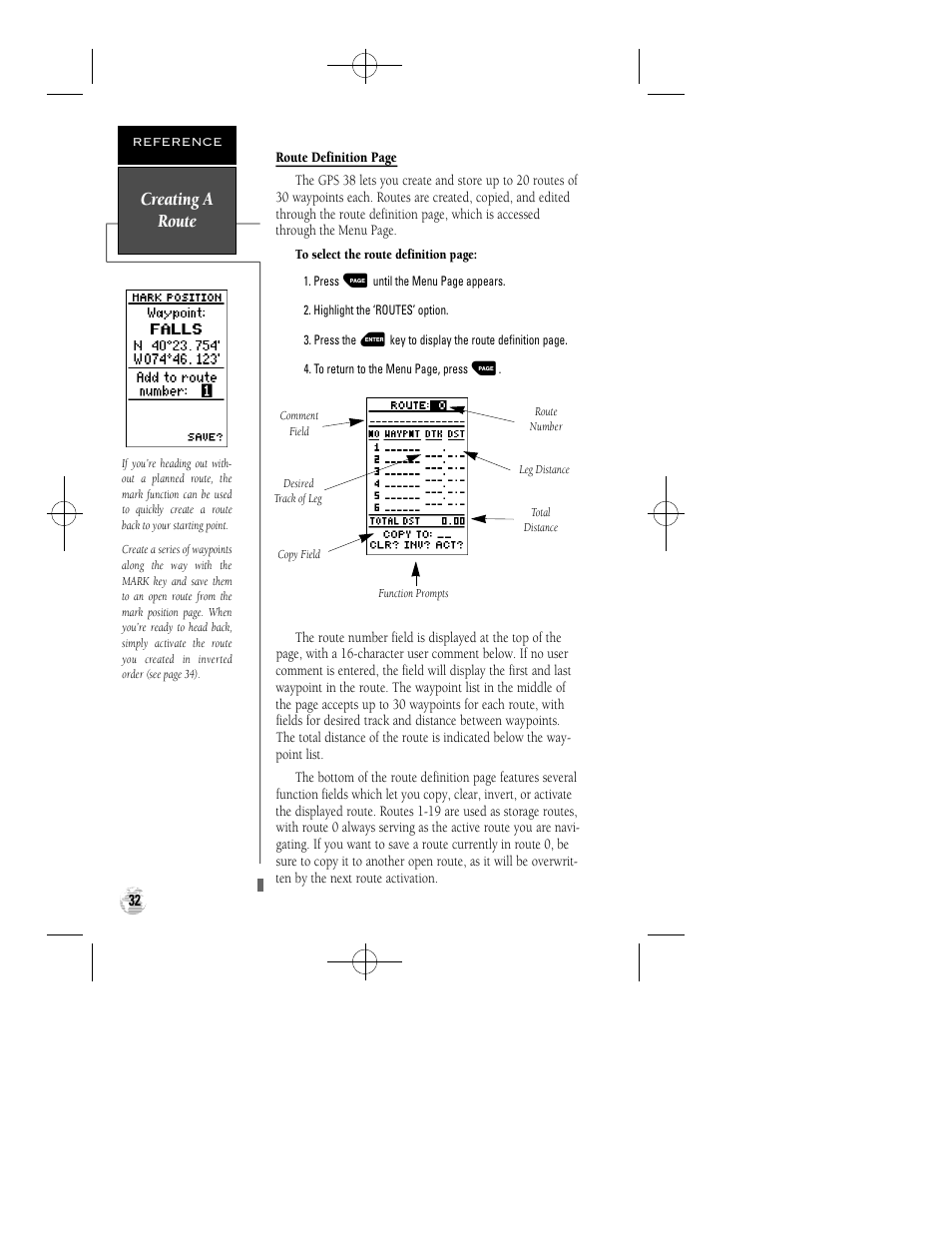 Creating a route | Garmin GPS 38 User Manual | Page 36 / 68