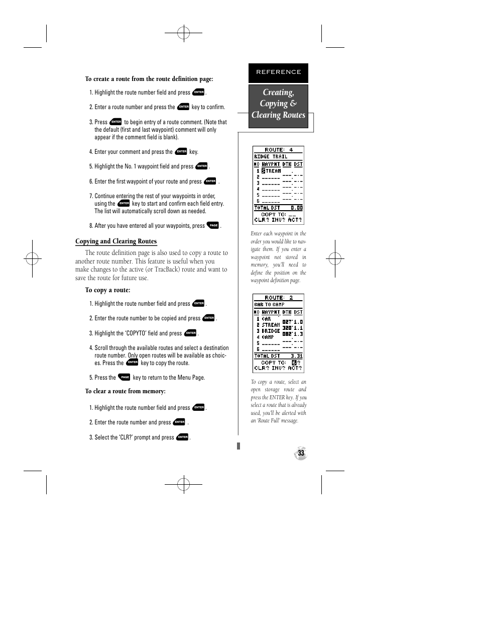 Creating, copying & clearing routes | Garmin GPS 38 User Manual | Page 37 / 68