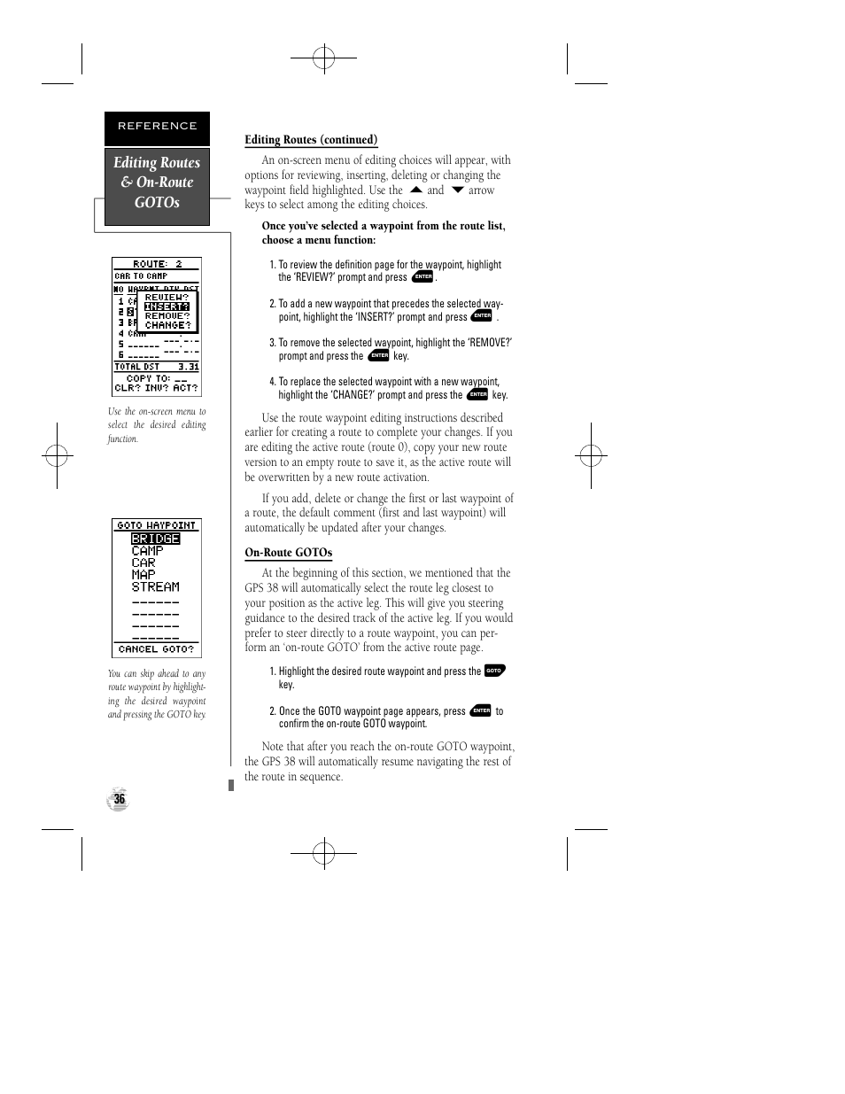 Editing routes & on-route gotos | Garmin GPS 38 User Manual | Page 40 / 68