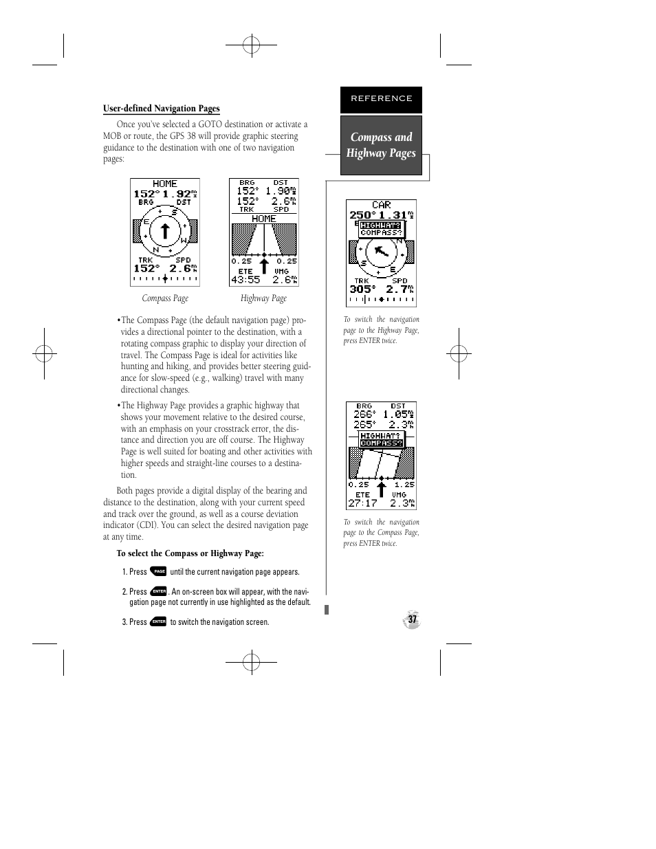 Compass and highway pages | Garmin GPS 38 User Manual | Page 41 / 68