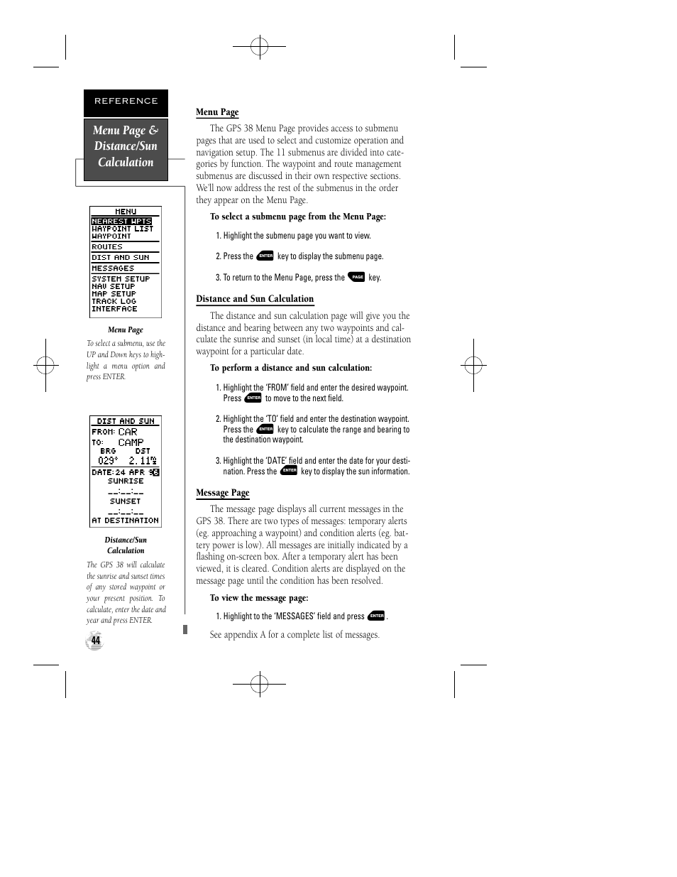 Menu page & distance/sun calculation | Garmin GPS 38 User Manual | Page 48 / 68