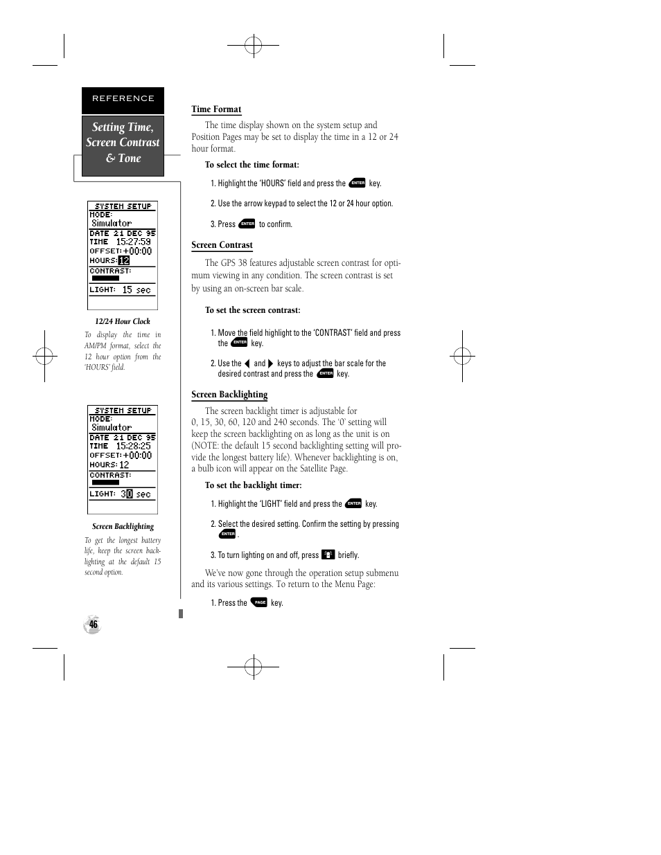 Setting time, screen contrast & tone | Garmin GPS 38 User Manual | Page 50 / 68