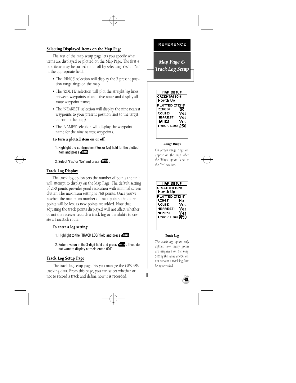 Map page & track log setup | Garmin GPS 38 User Manual | Page 53 / 68