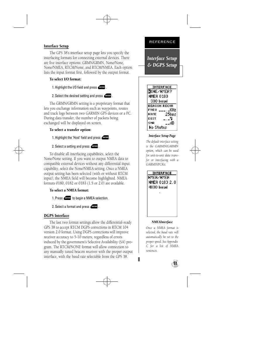 Interface setup & dgps setup | Garmin GPS 38 User Manual | Page 55 / 68