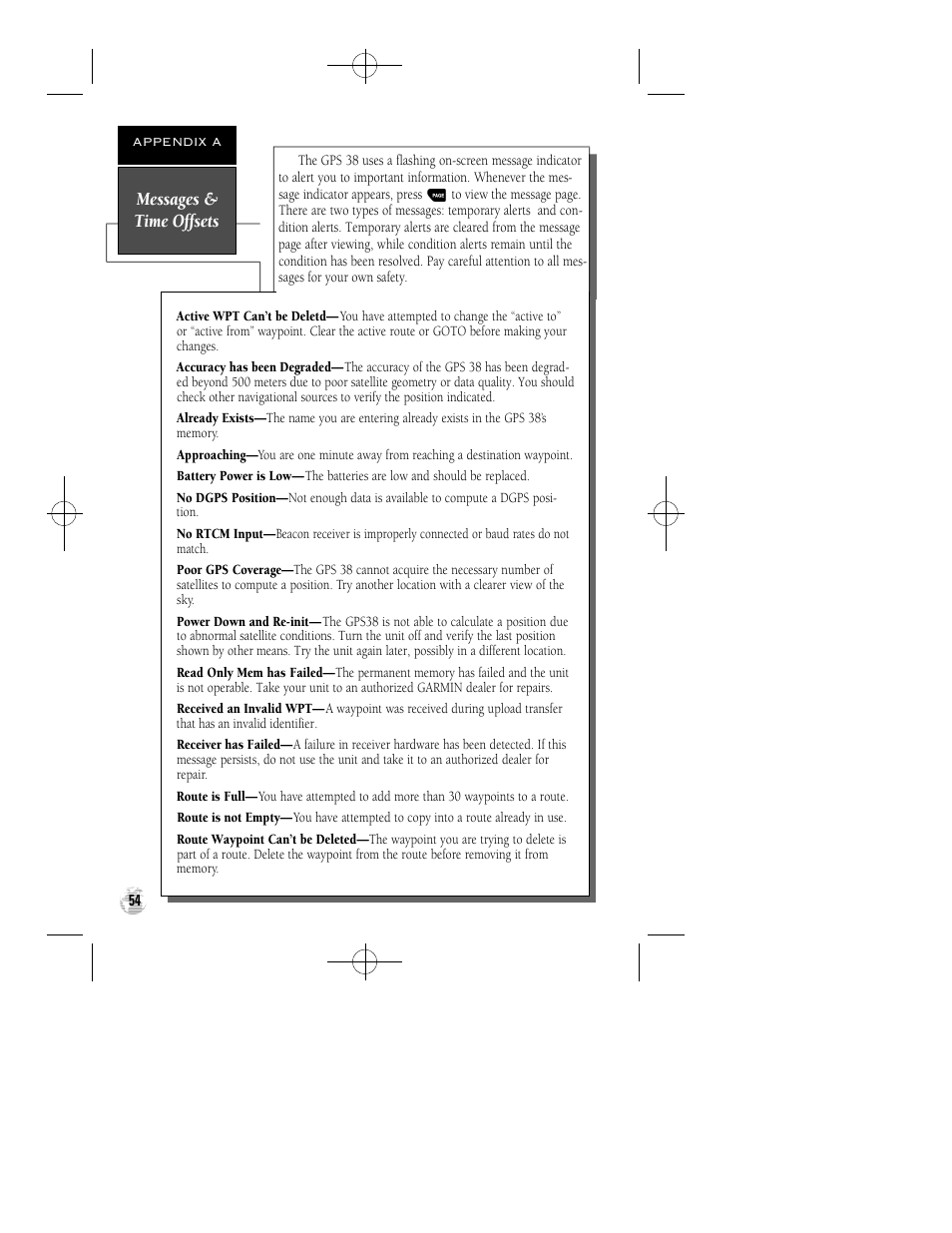 Messages & time offsets | Garmin GPS 38 User Manual | Page 58 / 68