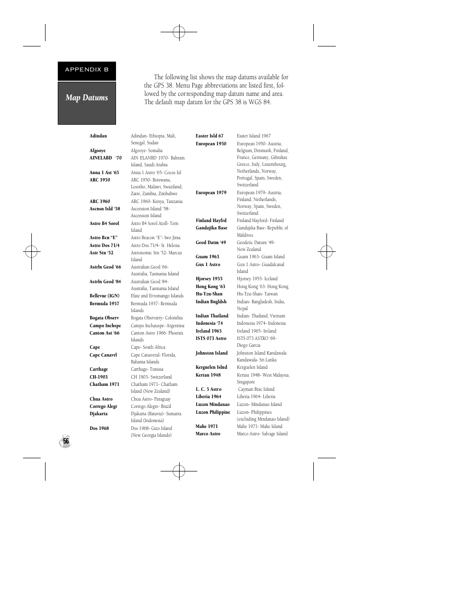 Map datums, Appendix b | Garmin GPS 38 User Manual | Page 60 / 68