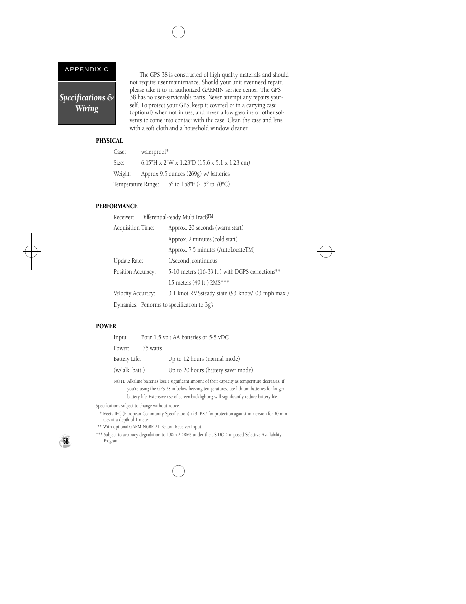 Specifications & wiring | Garmin GPS 38 User Manual | Page 62 / 68