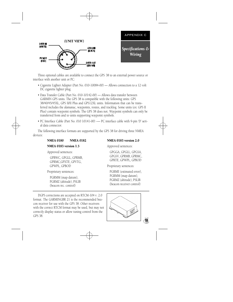 Specifications & wiring | Garmin GPS 38 User Manual | Page 63 / 68