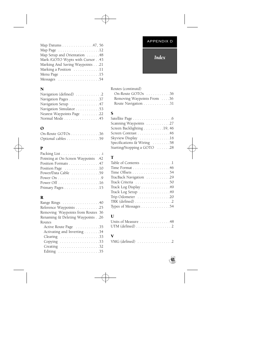 Index | Garmin GPS 38 User Manual | Page 65 / 68