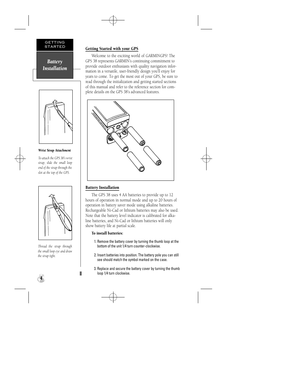 Battery installation | Garmin GPS 38 User Manual | Page 8 / 68