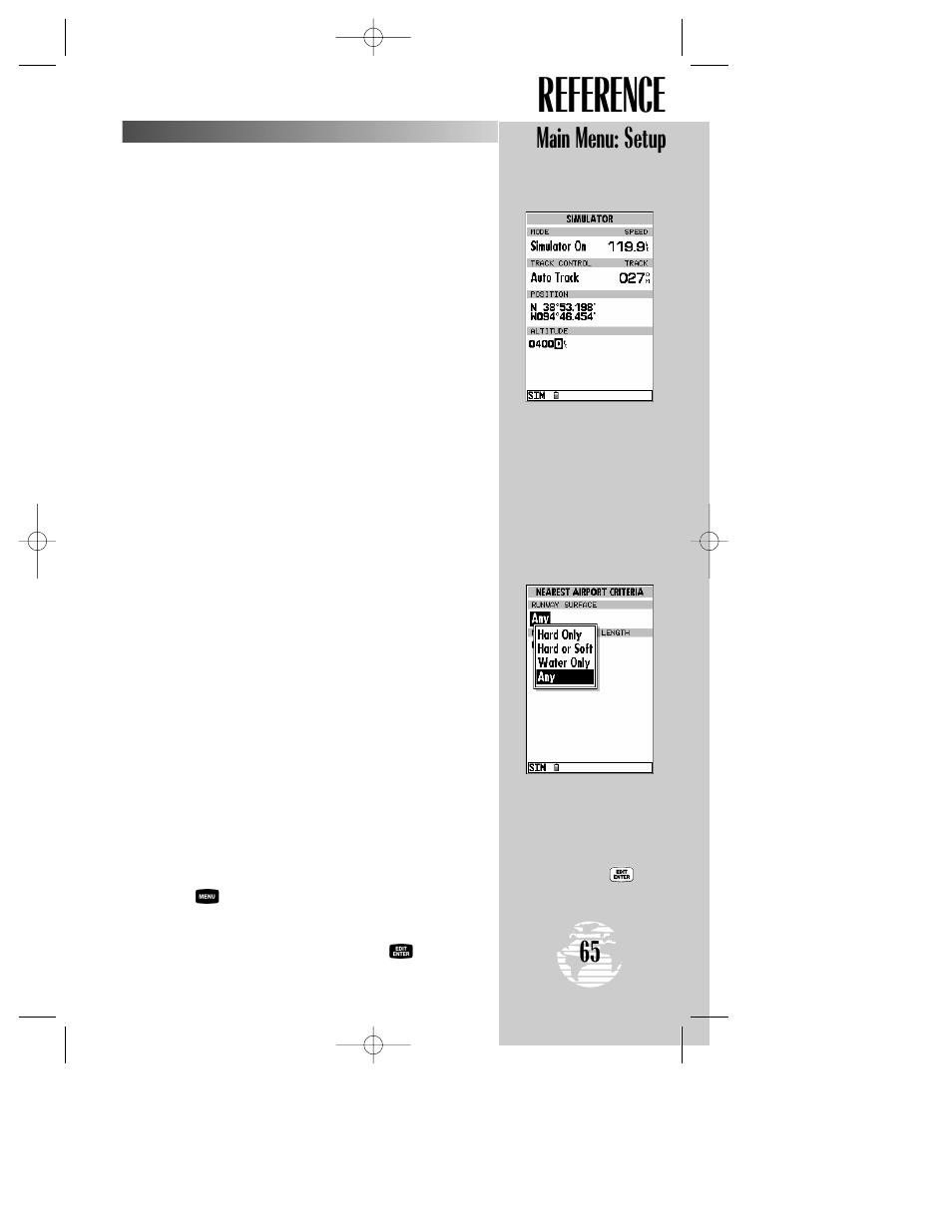 Reference, Main menu: setup | Garmin GPSMAP 195 User Manual | Page 67 / 114