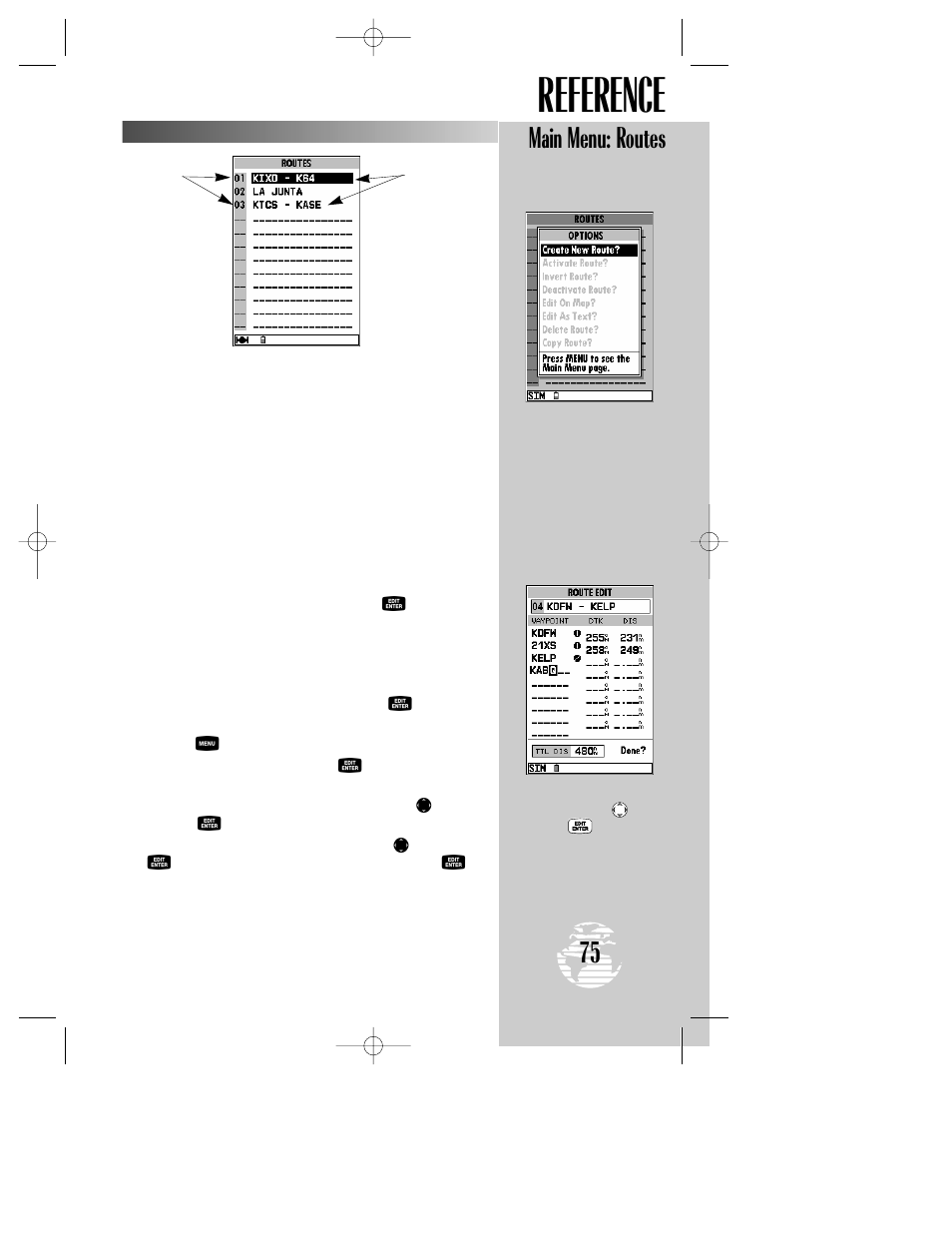 Reference, Main menu: routes | Garmin GPSMAP 195 User Manual | Page 77 / 114