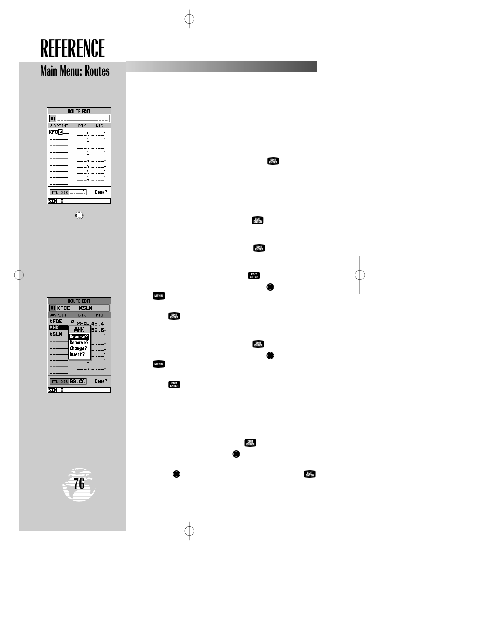 Reference, Main menu: routes | Garmin GPSMAP 195 User Manual | Page 78 / 114