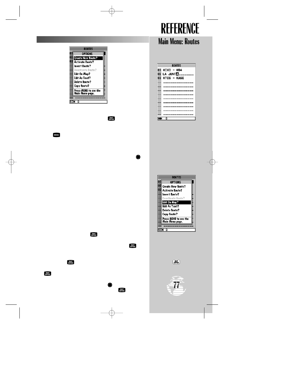 Reference, Main menu: routes | Garmin GPSMAP 195 User Manual | Page 79 / 114