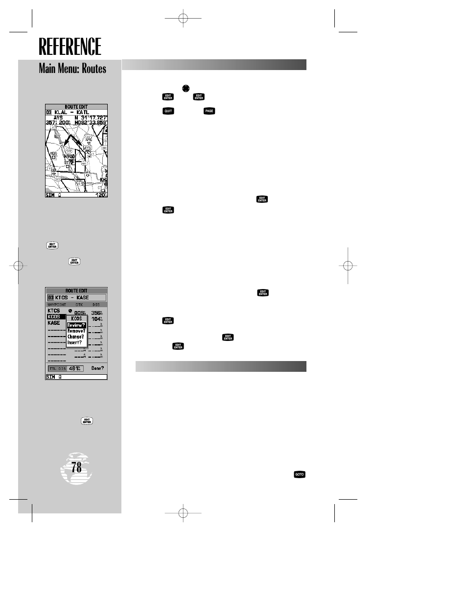 Reference, Main menu: routes | Garmin GPSMAP 195 User Manual | Page 80 / 114