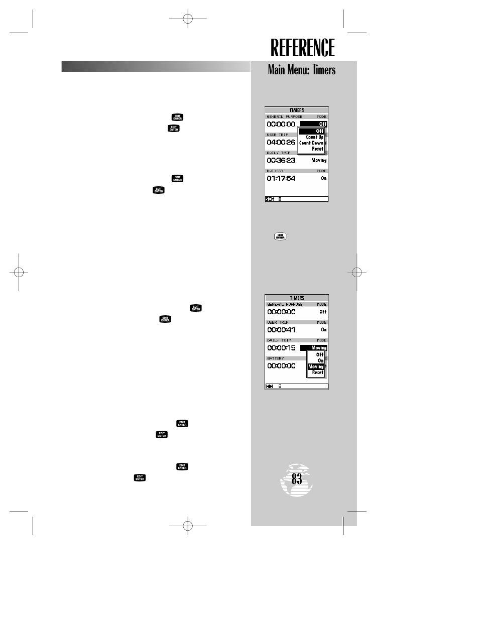 Reference, Main menu: timers | Garmin GPSMAP 195 User Manual | Page 85 / 114