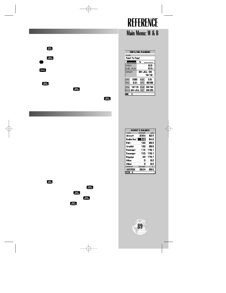 Reference, Main menu: w & b | Garmin GPSMAP 195 User Manual | Page 91 / 114