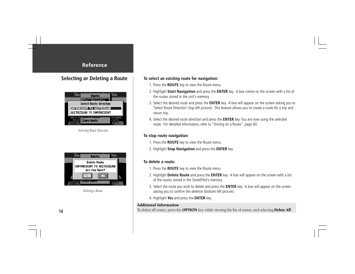 Reference selecting or deleting a route | Garmin StreetPilot ColorMap User Manual | Page 68 / 88