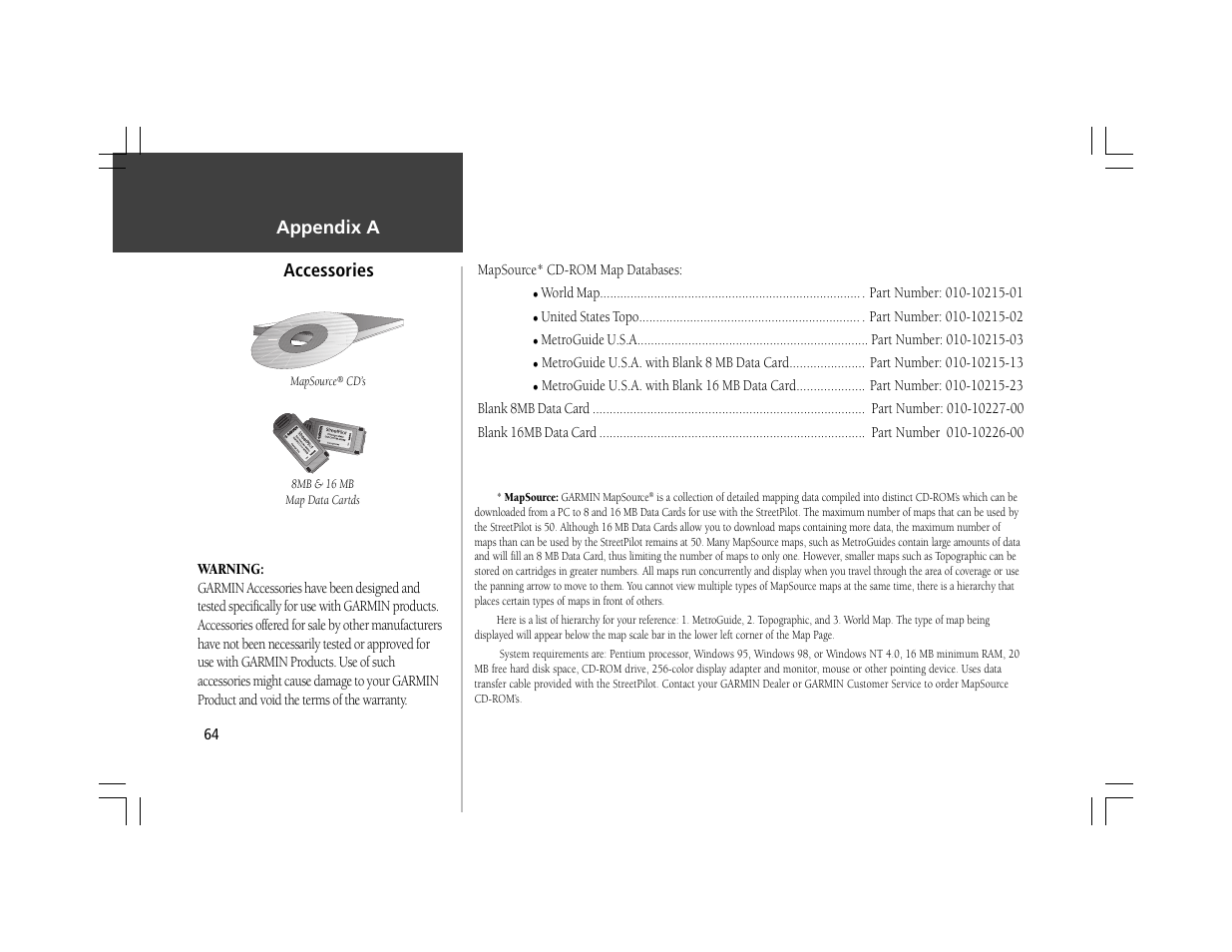 Accessories, Appendix a | Garmin StreetPilot ColorMap User Manual | Page 74 / 88