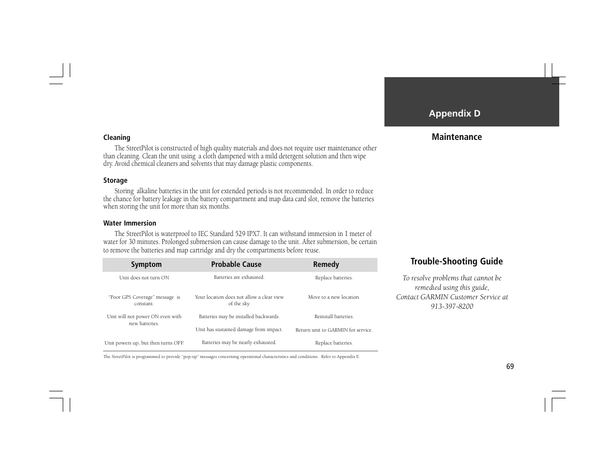 Maintenance, Trouble-shooting guide, Appendix d | Garmin StreetPilot ColorMap User Manual | Page 79 / 88