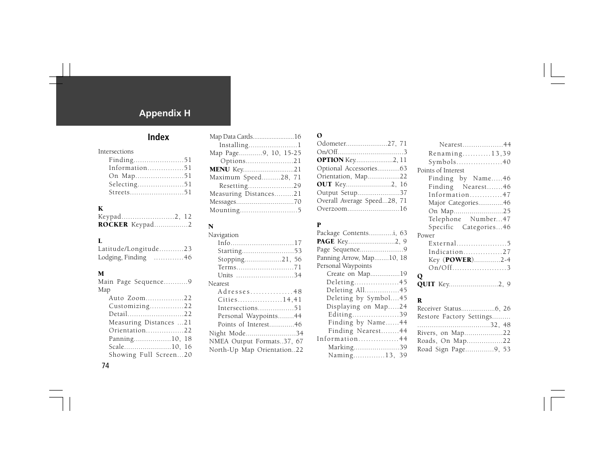 Appendix h, Index | Garmin StreetPilot ColorMap User Manual | Page 84 / 88