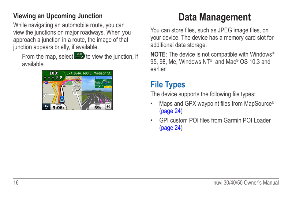 Data management, File types, Viewing an upcoming junction | Garmin nuvi 50LM User Manual | Page 20 / 32