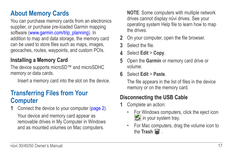 About memory cards, Transferring files from your computer | Garmin nuvi 50LM User Manual | Page 21 / 32