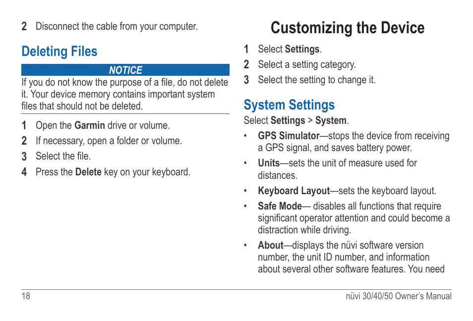 Deleting files, Customizing the device, System settings | Garmin nuvi 50LM User Manual | Page 22 / 32