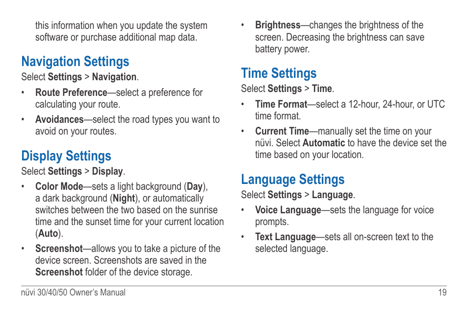 Navigation settings, Display settings, Time settings | Language settings | Garmin nuvi 50LM User Manual | Page 23 / 32