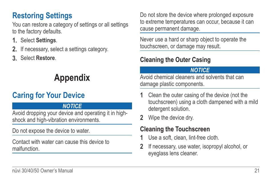 Restoring settings, Appendix, Caring for your device | Garmin nuvi 50LM User Manual | Page 25 / 32